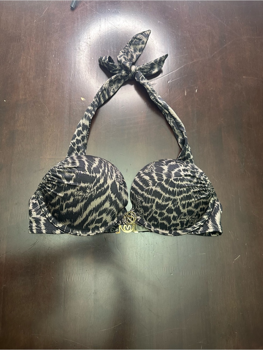 Victoria's Secret Black & Cream Leopard Print Bombshell Halter Bikini Top